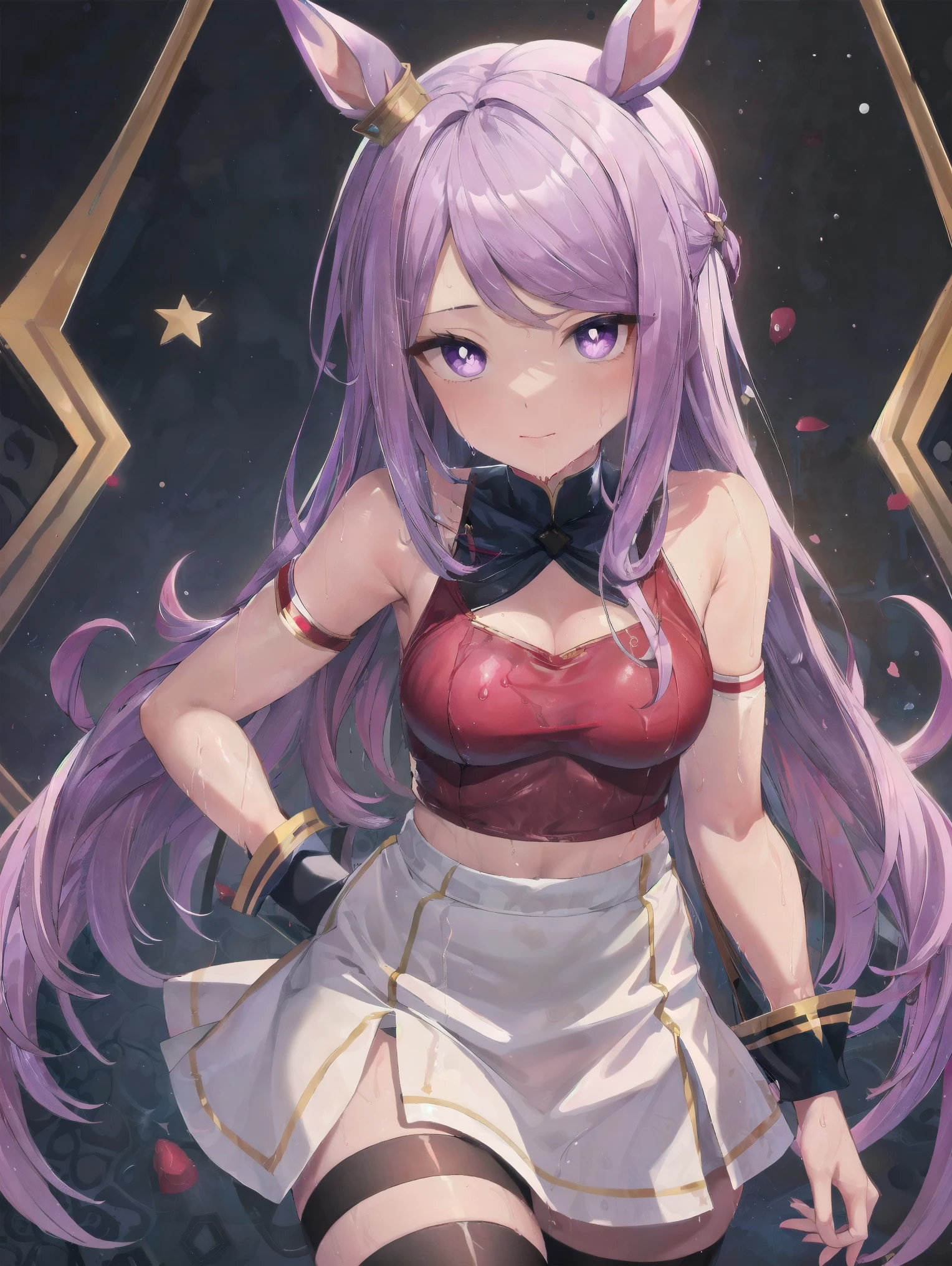 show me your armpits,wet skin,masterpiece , 8k Wallpaper , best quality , hidden hair , white-eye McQueen , , staring at viewers , ãã©ã¹ , team rocket , team rocket uniform , white skirt , Red letter R , crop top , Black Thigh High Socks , Black Elbow Gloves