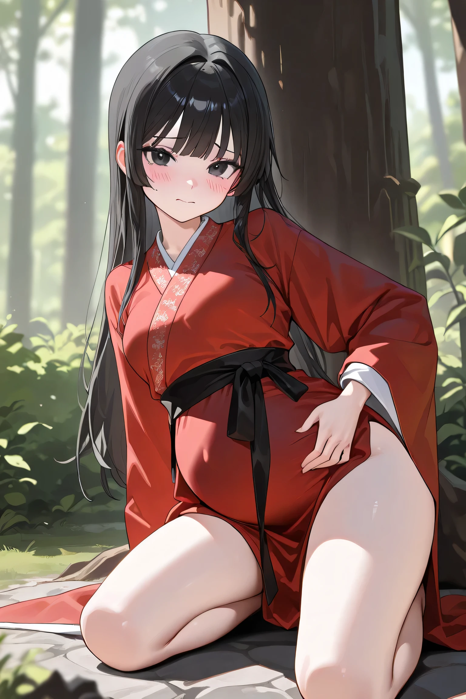 (Best quality, 4k, 8k, high resolution, masterpiece:1.2), ultra detailed, intricate details, beautiful girl, alone, long black hair, bangs, black eyes, small-medium breasts, perfect smooth skin, looking at viewer, head tilted, traditional Asian clothing, red hanfu with black accents, wide sleeves, black sash around waist, slightly nervous expression, (blush:1.1), (Pregnant:1.0), at forest on big stone, kneeling legs, leaning against the stone