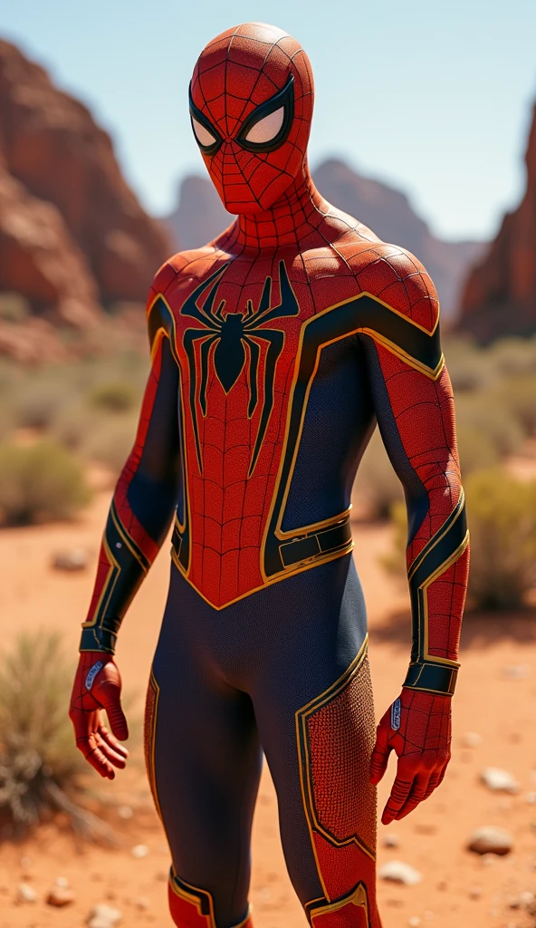  thin muscular male with spiderman customer and big  bulge in the hot desert, muscular spoderman in  the hot desert. Male in . Dripping  from his .  slim male. 