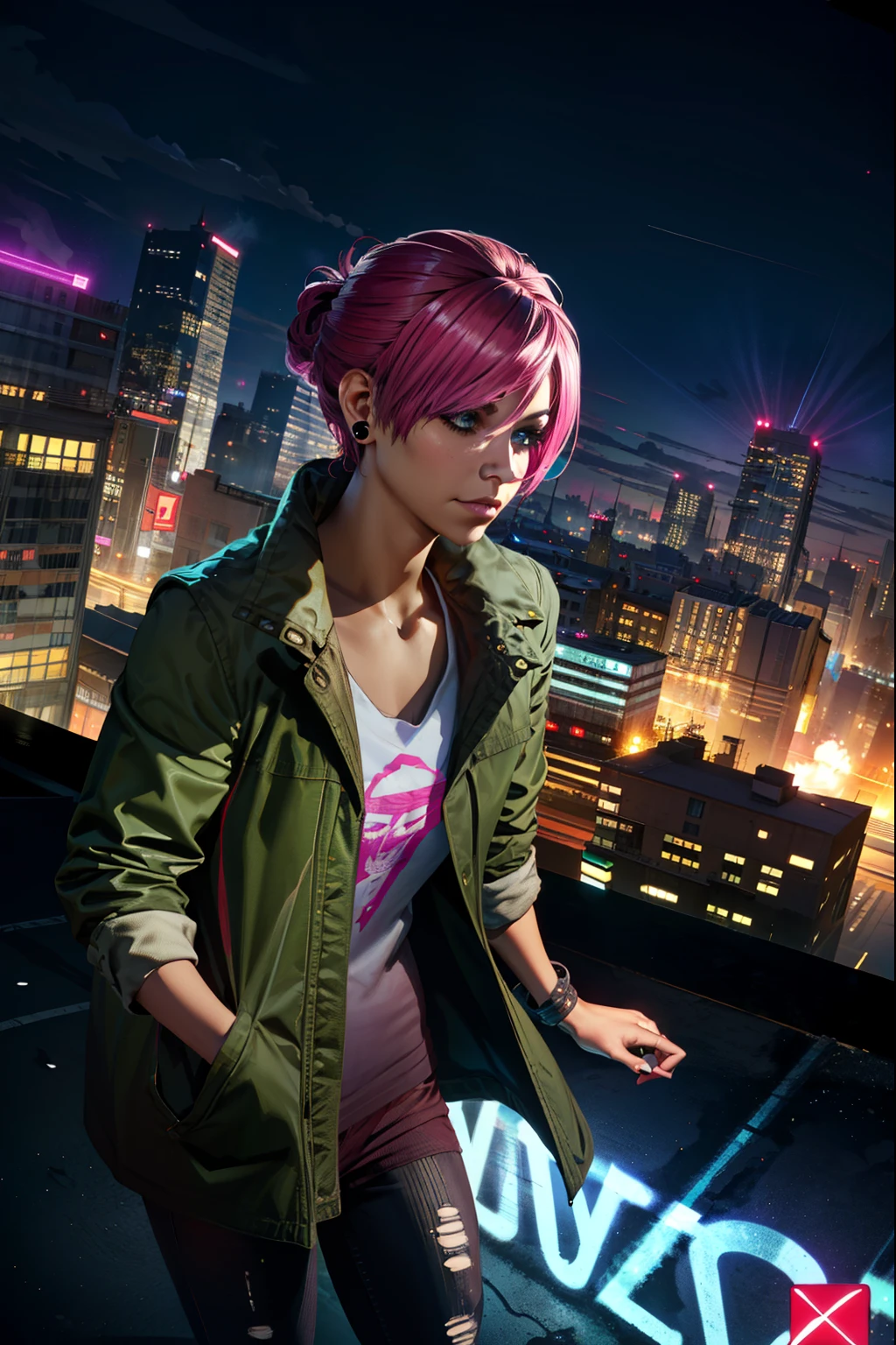 (extremely detailed CG unity 4k wallpaper),(best illustration),(best shadow),(absurdres), simple night background), fetchxl, multicolored hair,pink hair, blue eyes, green jacket,white shirt with logo,shorts,earrings,jeans, standing,upper body, city rooftop,neon lights,night,