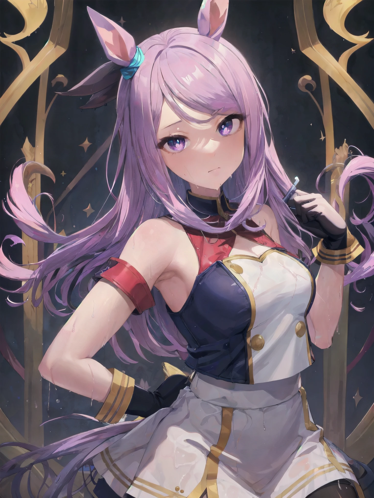 show me your armpits,wet skin,masterpiece , 8k Wallpaper , best quality , hidden hair , white-eye McQueen , , staring at viewers , ãã©ã¹ , team rocket , team rocket uniform , white skirt , Red letter R , crop top , Black Thigh High Socks , Black Elbow Gloves