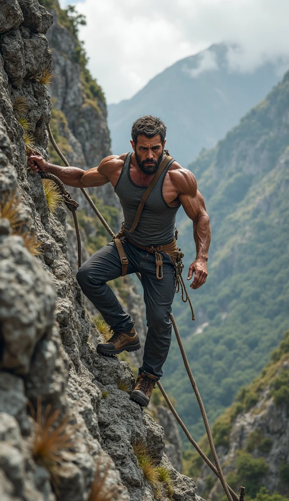 Create a realistic image where "An image of a man climbing a steep rocky hill, reaching out to grasp the next rock with a determined look on their face. In the background, there are several more hills, each one progressively higher, symbolizing ongoing challenges. The sky is clear, indicating hope and perseverance."