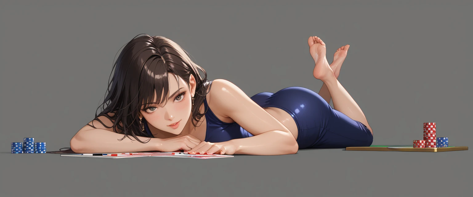large bust, wide hips, thick legs, thick thighs, barefoot, small dainty feet, black bikini, footjob, lidded eyes, on the beach, unamused