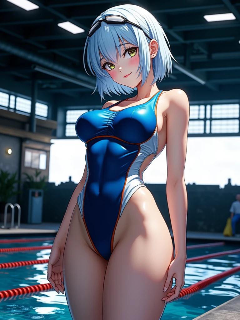 (masterpiece, Highest quality, Super detailed, 8K, wallpaper, Realistic), ((Perfect hands)), ((Perfect Anatomy)), Medium cleavage, Long, round legs, Round ass, ((Attractive anime girl)), ((Rei Ayanami)), ((Capturing her ethereal beauty with pale wet skin, Wet short indigo hair)), ((Bright crimson eyes with a mysterious depth)), ((Pale blue or white one-piece swimsuit, Swimwear should be simple and elegant, With a high neckline and a discreet yet flattering cut, NERV logo and、Evangelion-themed designs, etc.、Subtle details can be incorporated as accents, To pay tribute to her character)), ((Close-up shot, Side view)), ((Dynamic Background)), ((Sensual pose))