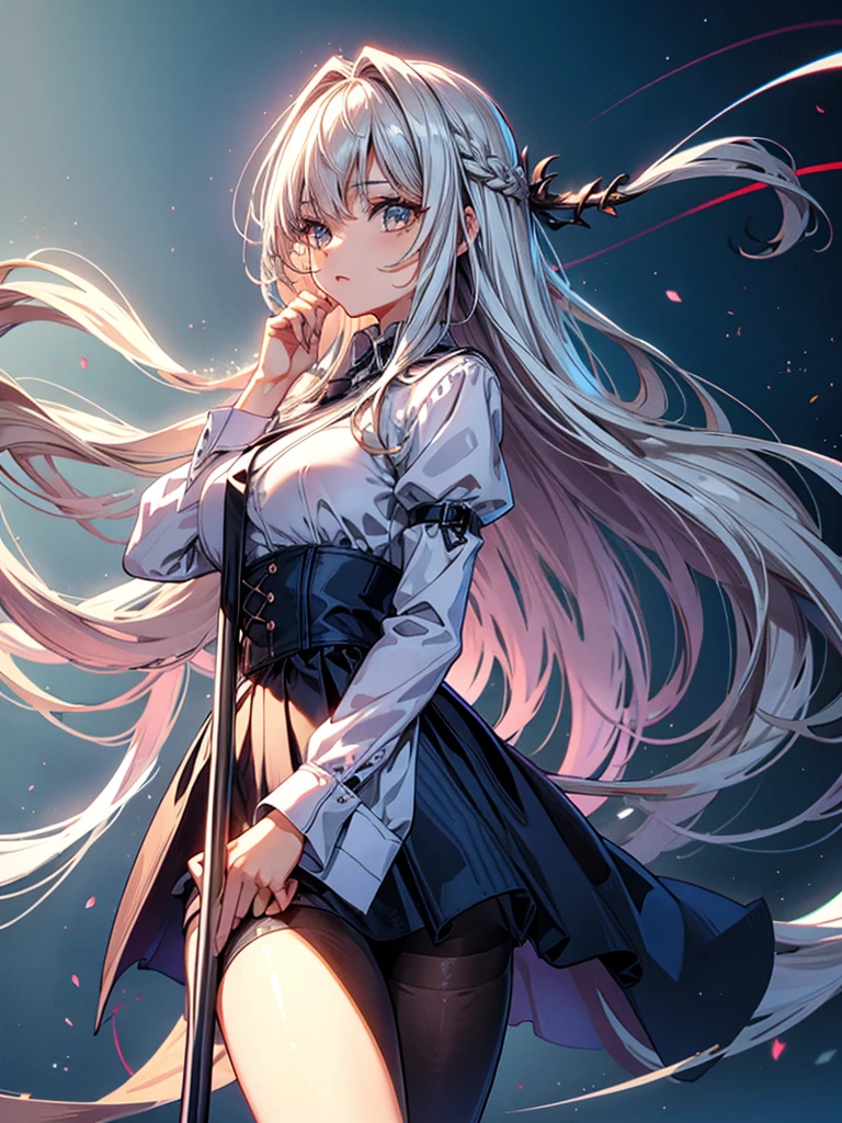 (masterpiece:1.5, Highest quality, Very detailed、 Dutch Angle、Semi-Realistic、Fantasy)(One girl, alone)(White and beautiful hair:1.4,,Straight Long Hair)(White based dress, zettai ryouiki)、((medium breasts))(from backside)(Beautiful starry sky、Mystical Night、Particles of light float around the woman、Fantasy space)Kiana Kaslana