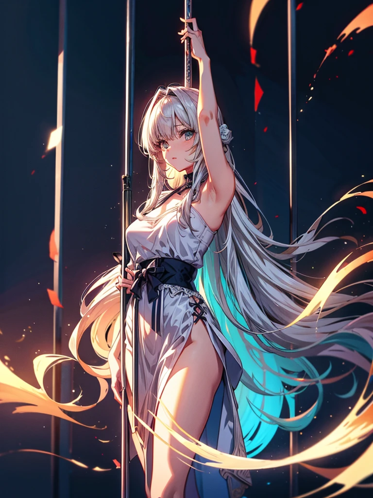 (best qualtiy,detailed back ground,Highest high resolution,Wallpapers,8K,full bloom,messy hair,shinny hair,Exposure to light,Bright pupils),
1girll,Focus on the legs,receiver,long whitr hair,silber hair,Large_Breasts,Action_Pose,standing on your feet,Stage,spotlight lights,glass ceilings,
Shen He(the original god),Hair_decorations,Hair is more than one eye,designer dress,