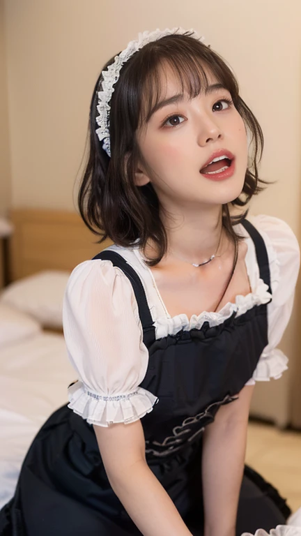 (8K、RAW Photos、Highest quality、masterpiece:1.2)、(Realistic、Realistic)、1 Girl、((Maid Costume:1.2、Thin legs、whole body、View from the front、smile、Looking into the camera、Hold your skirt with both hands and show me your black panties))、cute、Accurate Fingers