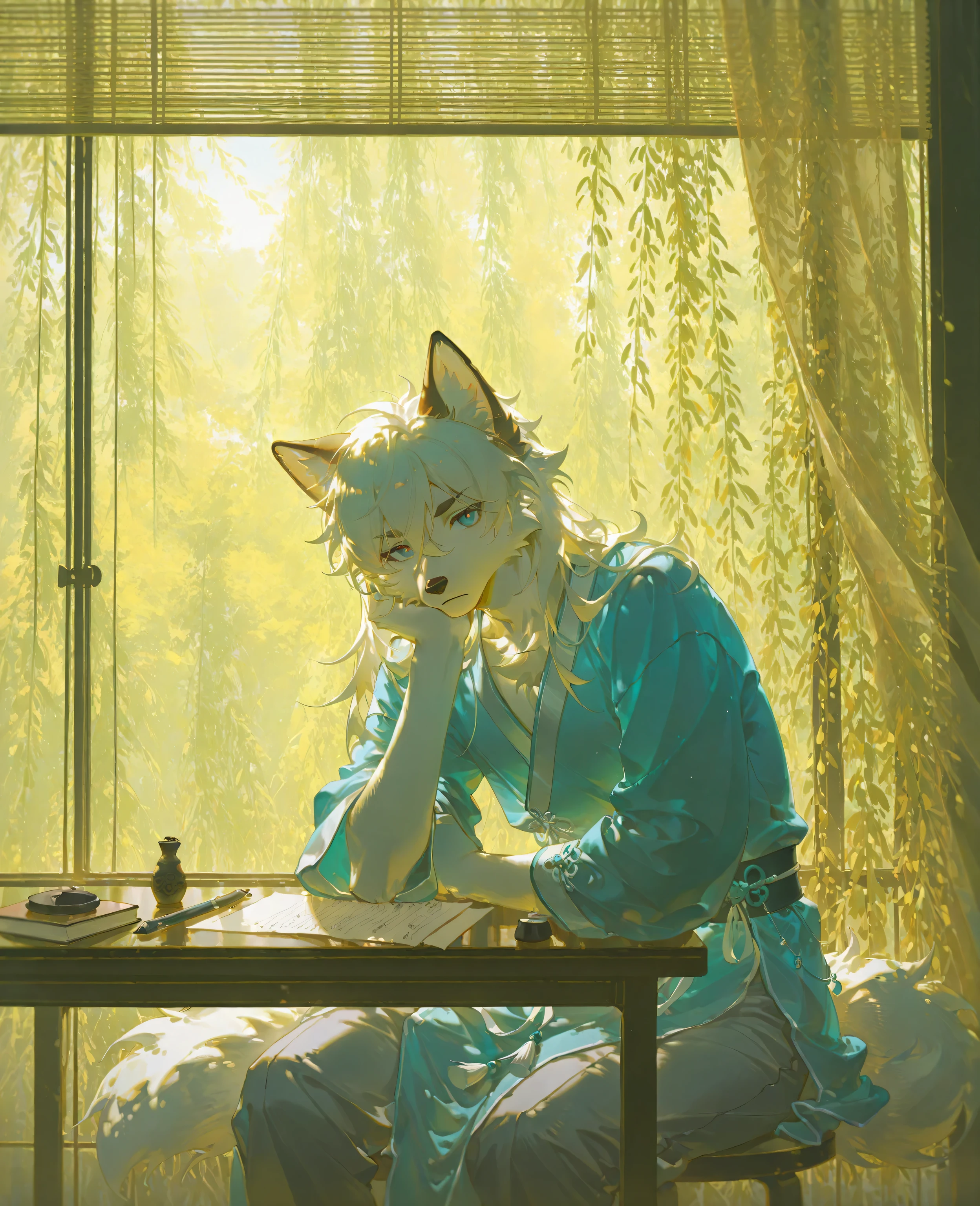 sfw,1boy,solo,male focus,furry male,furry,anthro,(slender muscle:0.2),(white fox),(white fur:1.5, white hair,),black eyebrow,(detailed eyes,teal_blue eyes,detailed pupils),snout,animal ears,fox ears,fox tail,(skinny:0.8),(Chinese Garden,inside,curtain,window,desk,willow,book,pen ink paper inkstone set),absurdres,sitting,having rest,chin_rest,(Chinese costume,light blue Hanfu,grey pants),(peaceful face,thinking),absolute_territory,cowboy_shot,front_view,looking_at_viewer,morning,wind,break,golden_hour_lighting,dusk,scenry,masterpiece,highres,amazing quality,best quality,newest,break,(konya_karasue,wolftapioca:0.3,chunie,uiokv:0.5,(ciloranko:0.7),(null-ghost:0.8),(suzumi_(ccroquette):0.5)),cg,highres,sfw