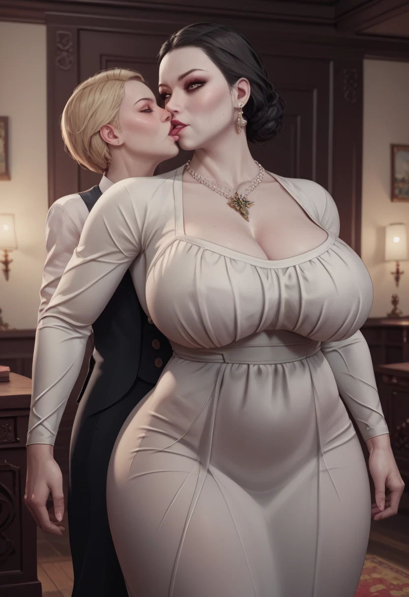 Portrait of a 60-year-old woman with short brown hair, a captivating gaze, Brown eyes, Wrinkles on her face, She wears a very sexy black evening dress that reveals big flabby breasts, Light makeup and red lips. 32K