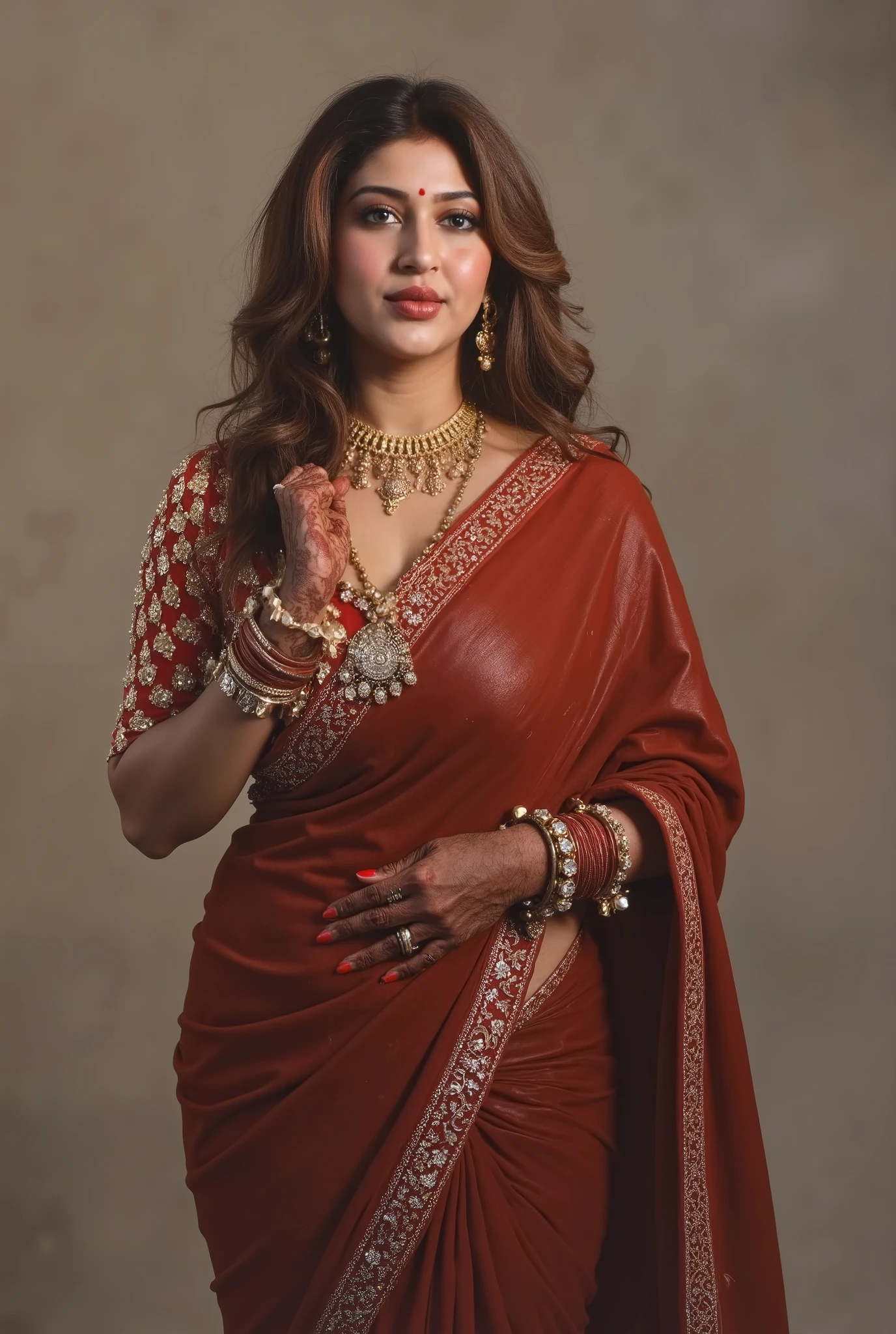 Desi curvy big women wearing leather saree,leather blouse, bindi, sindoor, neckace, chain and standing giving bold pose exosing cleavage of big breasts, big hips,having big cheeks