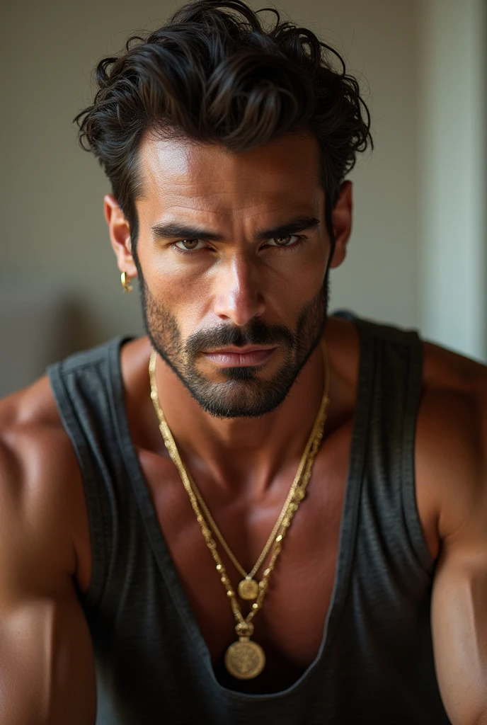  Naked muscular white man with no pants with body hair hands behind neck models thin gold chain of low thickness