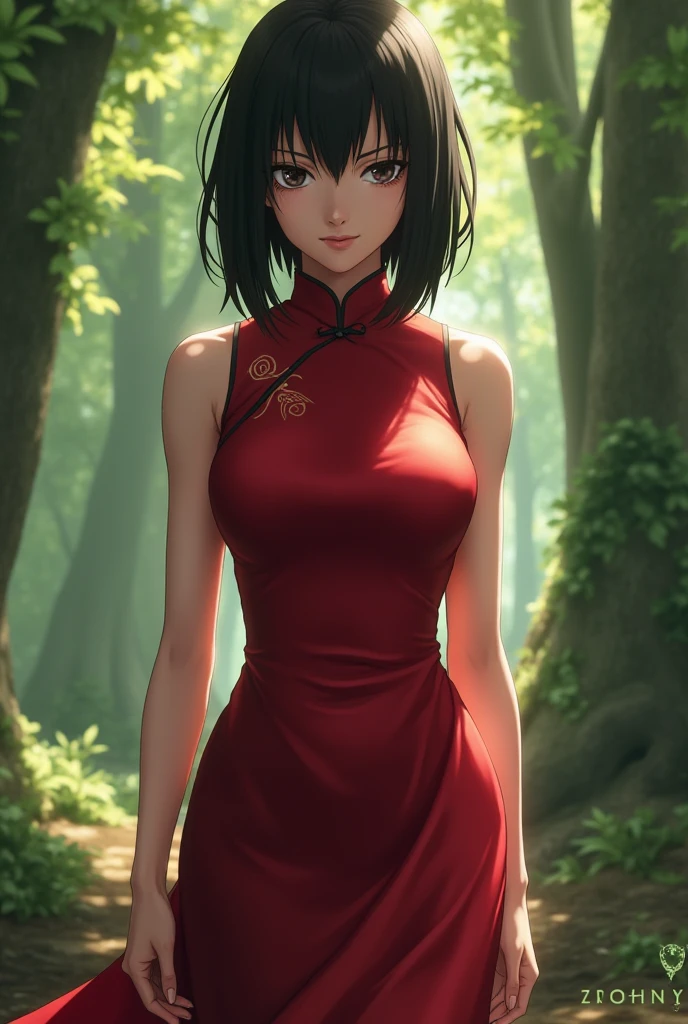 Sarada Uchiha, high quality 4K masterpiece, detail every part specifically, Red blouse, medium breasts, short short , stage in a forest, glasses, short hair, hands up so the armpits are visible, sweat covering the entire body, sweaty from the hot day in the forest, echii gesture on her face 