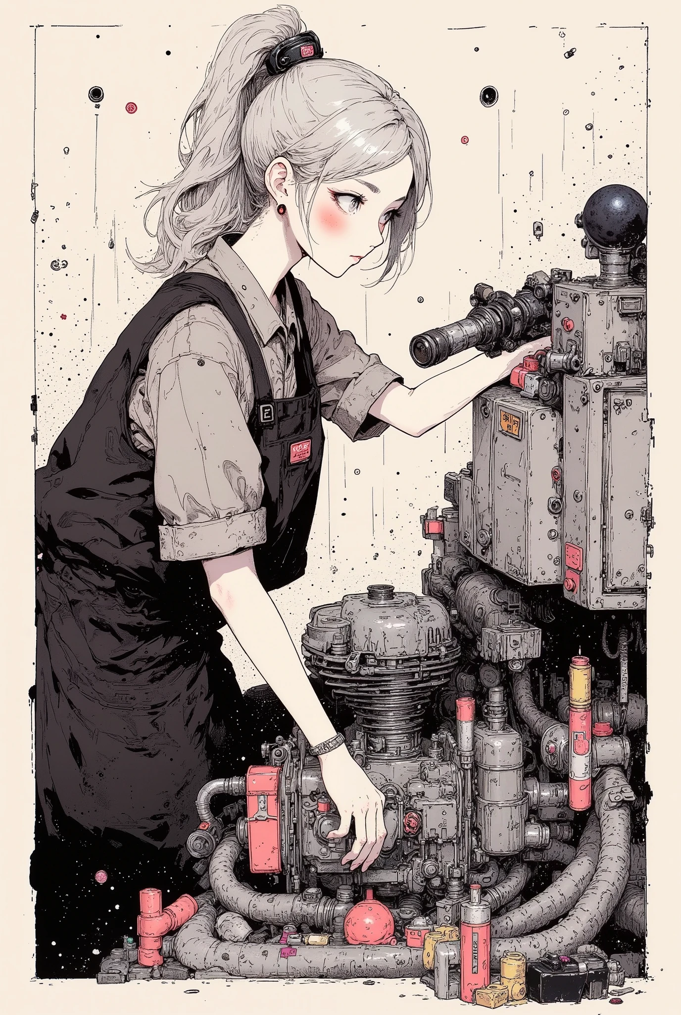 (She is wearing work clothes and carrying a wrench. She is working on a motorcycle engine.), profile, side view, from side,  1 girl, japanese, blush, High Definition, masterpiece, Accurate, top quality, High Definition model, high detail, (((The textures are soft))), ((matte and toy-like with a handmade premium look)), (((Tim Burton style))), beautiful woman, anime style, simple lines, ((soft silver low ponytail hair)), (intricate details : 1.1), beautiful detailed, beautiful hair, ((Pupil details)),