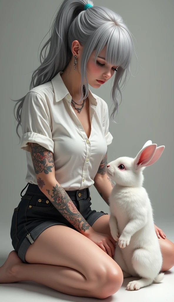 ((realistic on the hand, The perfect face, perfect , body)), pale skin, Clean skin, A beautiful girl with lovely big , ponytail, ((colorful tattoo : 1.5)), silver hair on the floor, silver eyes, (eye gloss : 2.5),Next to her, rabbits are affectionate, white shirt, black shorts, plain, She is kneeling and looking at the rabbit, ((serious expression))