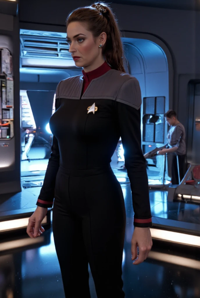 
super realistic image, high quality uhd 8K, of 1 girl, detailed realistic ((slim body, high detailed)), (tall model), redhead, long ginger hair, high detailed realistic skin, ((star trek USS Enterprise Captain red full Uniform)), ((star trek uss enterprise bridge)), real vivid colors, standing