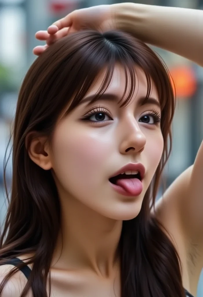 best quality, ultra high res, (photorealistic:1.4), 8k resolution, girl, (brown random hair:1.3), (realistic hair:1.2), (Korean girl:1.2), (realistic eyes:1.2), (beauty face:1.3), perfect body, white pale skin, big breast, cleavage, (mouth and tongue open:1.2), (top angle:1.3), (wet thong:1.2),