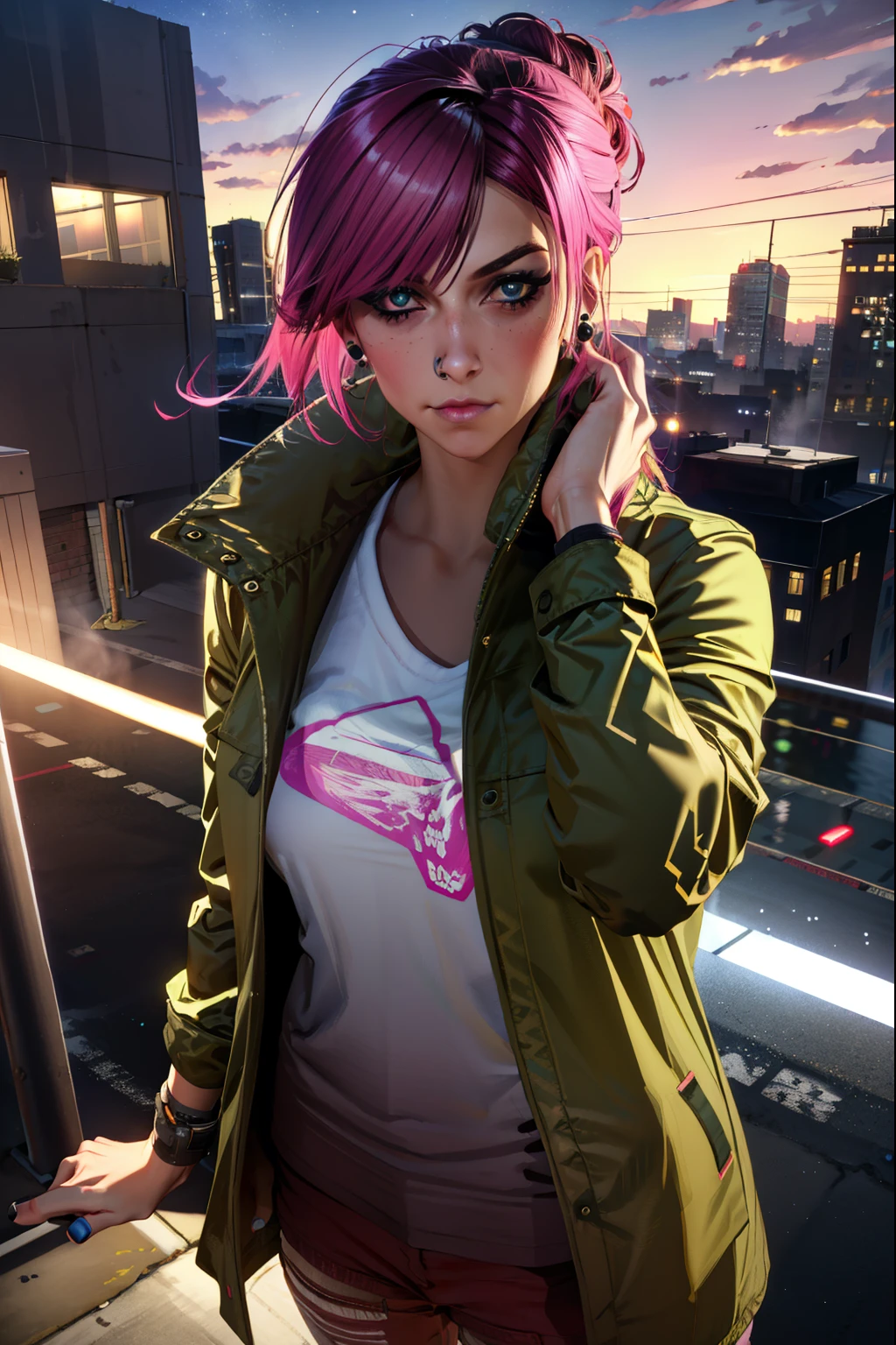 (extremely detailed CG unity 4k wallpaper),(best illustration),(best shadow),(absurdres), simple night background), fetchxl, multicolored hair,pink hair, blue eyes, green jacket,white shirt with logo,shorts,earrings,jeans, standing,upper body, city rooftop,neon lights,night, Neutral expression, looking at viewer, nose ring, black nails,