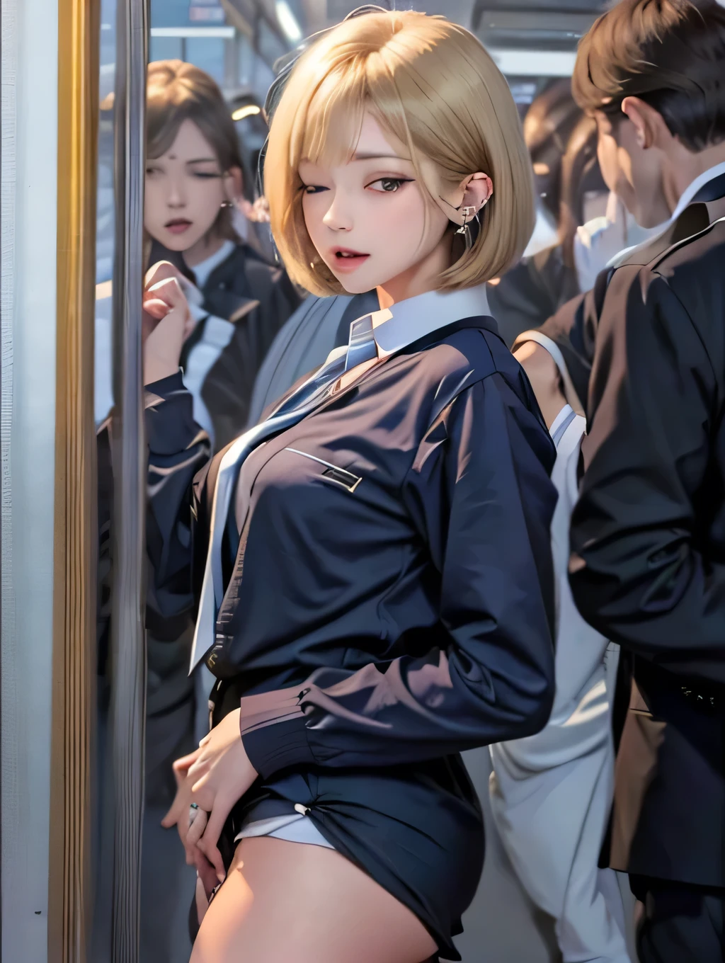 (masterpiece:1.2), {{1woman, 1man}}, ((nsfw)), ((pov)), ((portrait)), ((from side)), ((looking down)), ((in the train)), ((in the crowd)), ((grab)), {{man grabs her crotch}}, 21years old, ((gal)), ((blonde hair, bob cut)), {{clothed}}, {{school uniform, navy blazer, white shirt, long blue tie}}, ((ear piercing)), ((half closed eyes)), ((open mouth)), Japanese