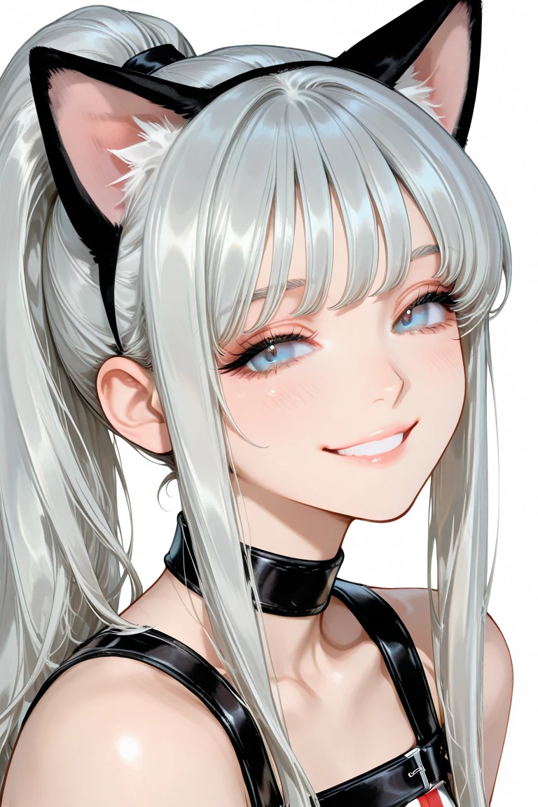 a girl dressed as a cat, pretty face, grey eyes, long eyelashes, asian face,anime vtuber body completo model, Lilith,long black hair ,two long braids,on top cat ears,body boluptuoso,black top and skirt,chain embellishment on the hip,body, Single character ,head and bust image,seen from top to bottom, confident smile.