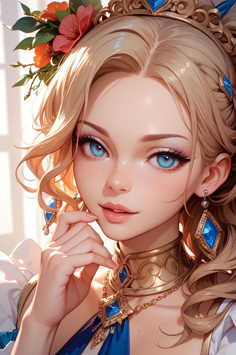 50-year-old woman, middle-aged European, (((MILF))), beautiful alluring noblewoman, (adult face), ((mature woman's face)), full lips, (oval-shaped face), (celestial nose), warm fair skin, small purple eyes, violet doe eyes, very light rose gold hair, pink blonde, pastel pink rose gold hair, very long wavy hair, tareme, long eyelashes, white Rococo fashion-inspired dress with brocade elements, radiant, glowing, luminous, enchanting, elegant, holy, dreamy, romanticism, innocence, serene, compassionate, fine art painting by Yanjun Cheng, Krenz Cushart key art feminine, a character portrait by Oliver Sin and Charlie Bowater, background by James Jean and Alphonse Mucha, ((Alphonse Mucha)), ((intricate detailed)), ((Semi-realistic)), (solo focus), (perfect face:1.1), cleavage, light smile, kind facial expression, ethereal lighting, (high detail:1.1), (((masterpiece))), ((best quality)), fantasy style art, Art Nouveau, full-length portrait, voluptuous body, ((glamour shot full body image)), fullbody illustration, cleavage