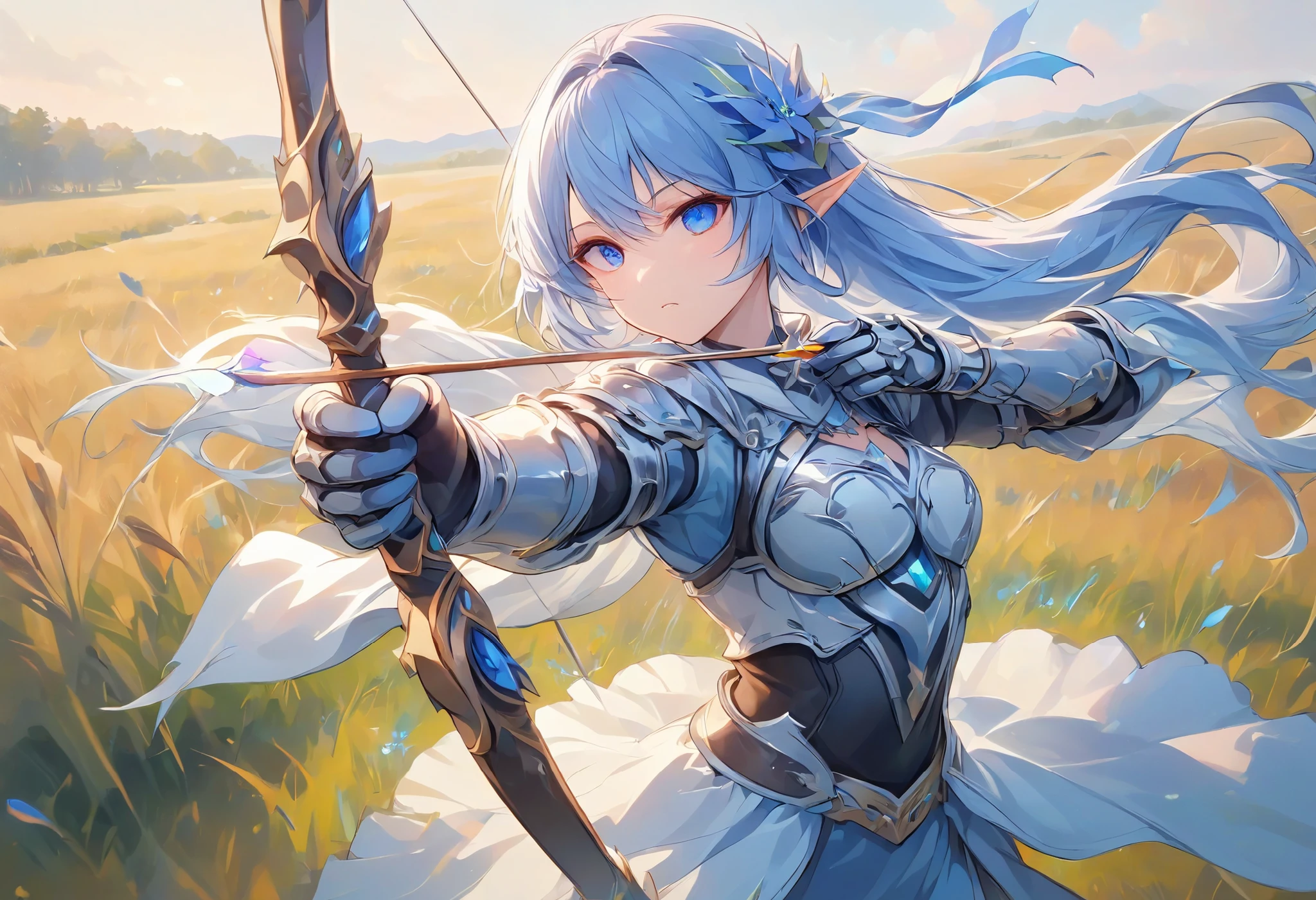 hunter、Shoot through with a bow、Bow and Arrow、hunting、Running through the prairie、Elf、blue hair、hair that flutters in the wind、Light Armor