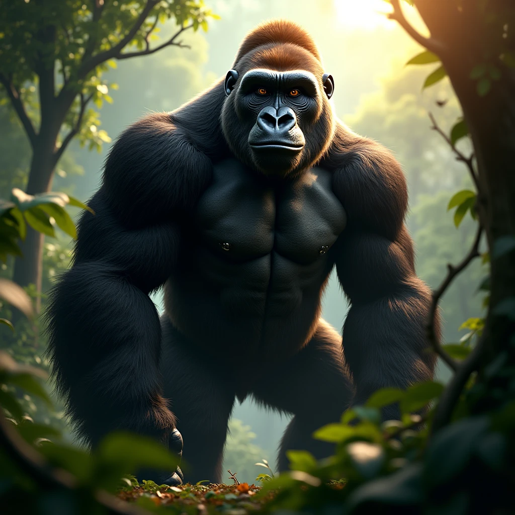 A jungle background with gorillas, photorealistic, artwork,