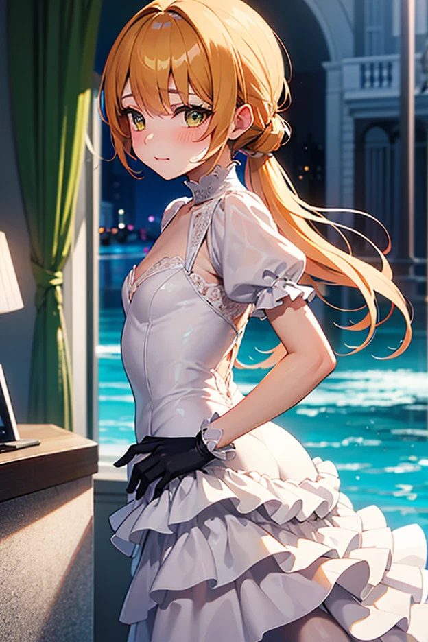 woman,20-year-old,,party venue,morning,(((sexy dress with decorations))),,open mouth smile((Pose with movement)),blush、,((lift up skirt)),