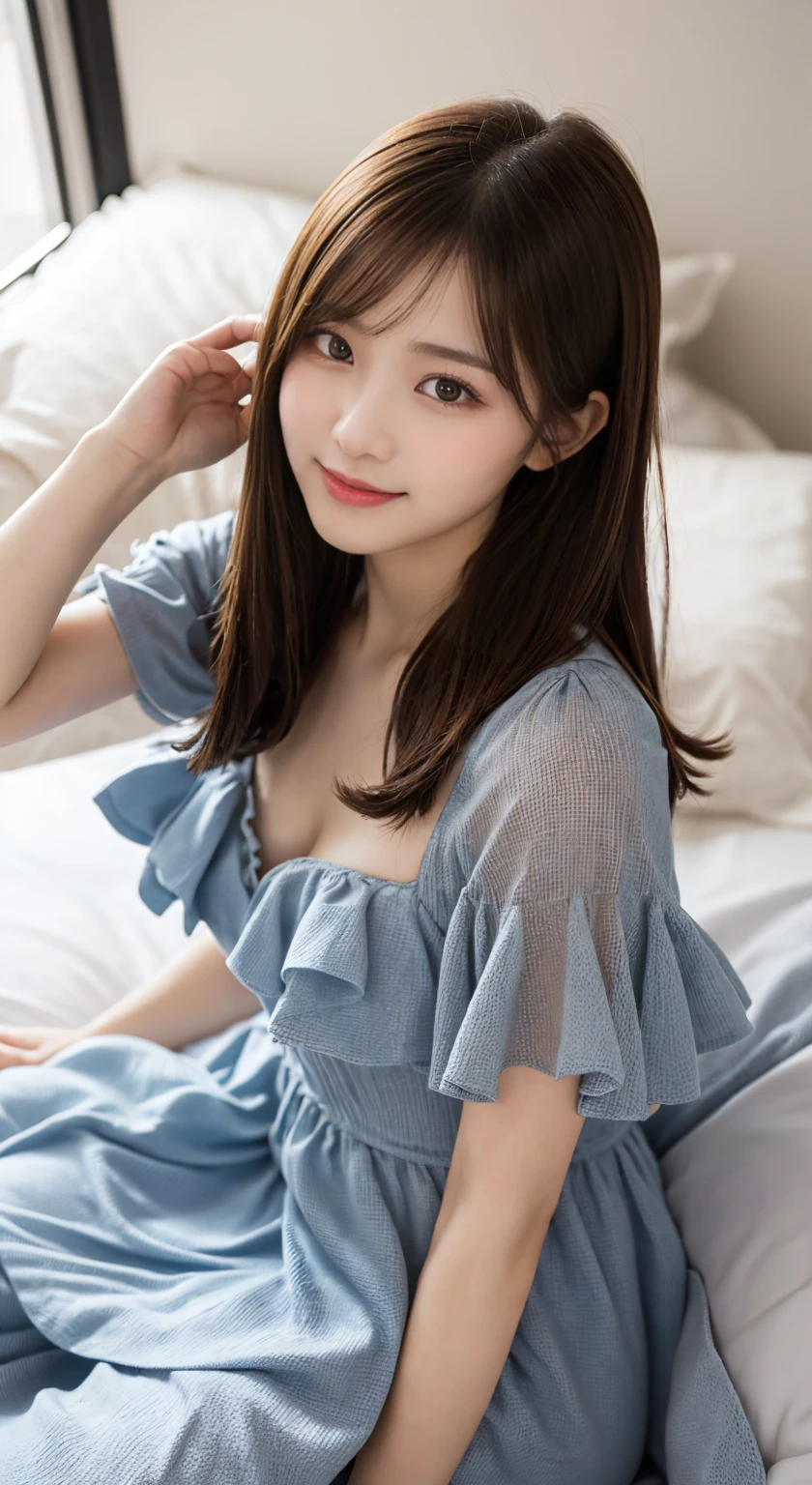 masterpiece, One woman per photo, Full Body Shot, Composition looking down at the subject from above, Young and beautiful woman in Japan, Smiling super cute face, 18-year-old, Shoulder-length hair, With white lace、Wearing only a sleeveless light blue silk satin chemise, Big Breasts, Wet body, Glossy Lips, Attractive person, She is lying on her back on a silk bed with her legs spread apart, Silk pillow, Silk bed sheets, Double eyelids on both eyes, Natural Makeup, Long eyelashes, Shiny and smooth light brown hair, Asymmetrical bangs, Fair skin, Center image, 8k resolution, Attention to detail, Detailed hairstyle, Detailed face, Spectacular movie lighting, Octane Rendering, Vibrant, Ultra-realistic, Perfect limbs, Perfect Anatomy