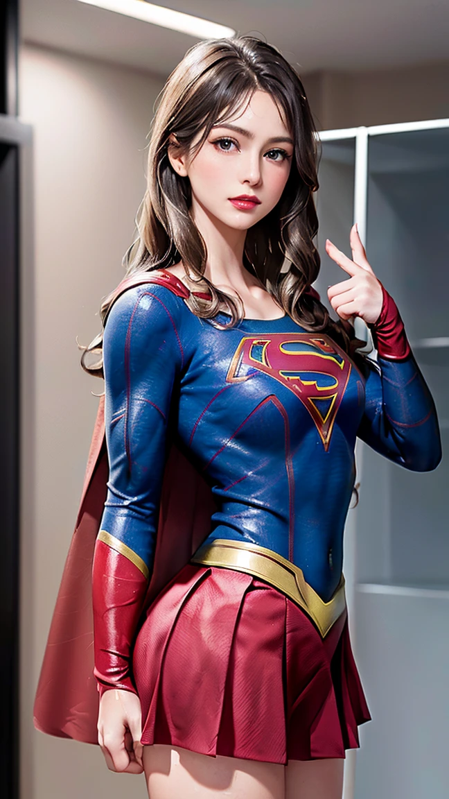 The character Supergirl, perfect blue and red costume with the traditional "S" in the chest, red cape, shiny little blue eyes, extremely beautiful blond hair, beautiful smile , perfect anatomy and extremely beautiful face, hyperrealistic face