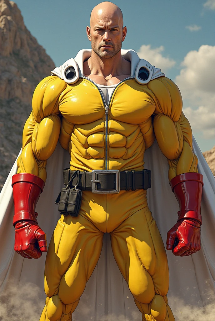 Best quality, ultra high resolution 8k, beautiful boy, manly man, bald head, very brave beautiful face, very fine face, slim and athletic body, yellow shirt, red gloves, white cape, yellow pants, suit stuck to body, almost a super hero, Saitama cosplay, action pose
