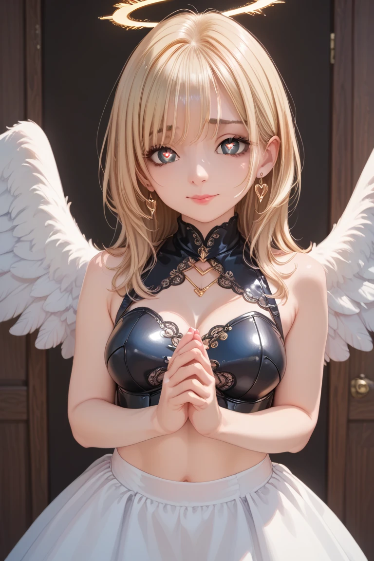 (UHD, retina, masterpiece, accurate, anatomically correct, textured skin, super detail, high details, high quality, best quality, high res, 1080P, HD, 4K, 8k, 16k), (beautiful detailed eyes, beautiful detailed lips, extremely detailed eyes and face), soft lighting, physically-based rendering, vivid colors, (large breasts, glamorous body), (angel clothes, angel wings, halo), (portrait, blonde hair, shiny hair, shiny skin, blush), (bokeh), eye reflection, (smile and laugh, stockings:1.5),