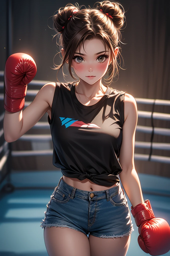 Wide angle shot, beautiful female street fighter, wearing large glasses, black undercut hair, wearing large iron gloves