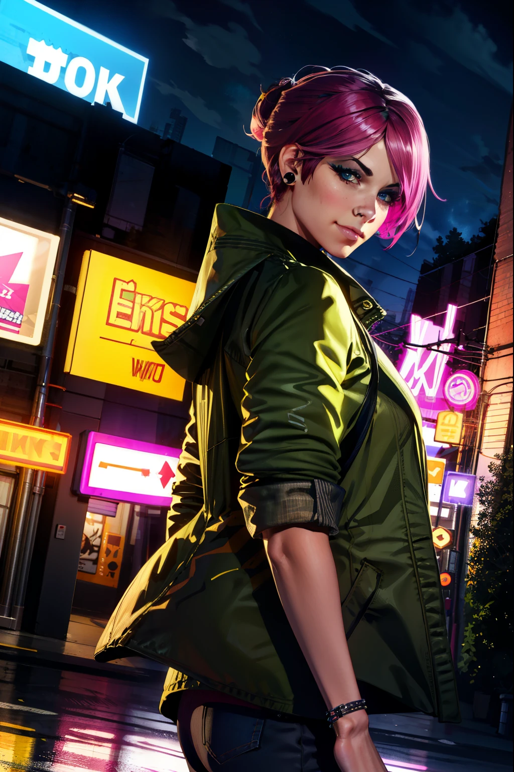 (extremely detailed CG unity 4k wallpaper),(best illustration),(best shadow),(absurdres), (simple night background), fetchxl, multicolored hair,pink hair, blue eyes, green jacket,white shirt with logo,shorts,earrings,jeans, standing,upper body, city rooftop,neon lights,night, Neutral expression, looking at viewer, nose ring, small smile, shy,