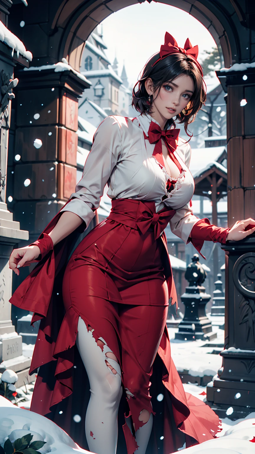 A captivating anime realism illustration by top artists, featuring a woman with short curly hair, showcasing a perfect body that is both slim and voluptuous, with a bust that is busty and well-endowed. She is dressed in a crisp red minidress adorned with a black bowtie, and her outfit is complemented by a playful pair of snowflake thigh-high socks. The background reveals a serene winter landscape, with snow-covered ground and trees creating a picturesque winter wonderland. The overall ambiance of this enchanting portrait captures the essence of a stylish and confident woman, masterfully presented in a breathtaking winter setting by the skilled hands of a top artist., portrait photography