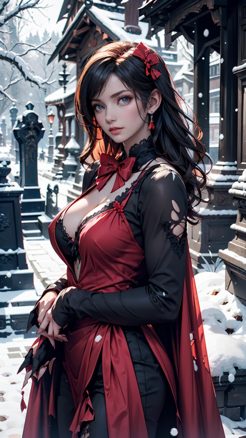 Red Eyes, (best quality, masterpiece painting:1.3), immature woman, 16 years old, (Half-length photo), masterpiece, Ultra-high resolution, (Photorealism:1.0), Black Hair, Ponytail, Straight Hair, Beautiful shiny hair, White and shiny skin, ((Ultra-realistic details)), Octane Rendering, Highly detailed face, (Large Breasts:0.8), 她穿着蛛网一样大clothing, A flowing red dress,Decorated with lace and ribbons, (clothing: Red Belle Époque dress with lace and ribbon),cleveage, Perfect body, soft skin, Anime Face, Perfect face, Perfect eyes, Looking at the audience, clever, Snow Scene, ((Snowflakes falling)), ((A wonderful night)), ((outdoor)), Clear focus, Intricate details, Professional artwork, (Vibrant colors:1.1), Vibrant colors, diffused Lighting, Digital Mixing, Ultra-clear body, Ultra-fine hair, Super detailed face, That'it'Popular on Pixiv, Top button open, 可爱的目Light, compensate, Perfect lips, perfect compensate, Ultra-precision coating, (Light_Smile:0.8), (so awkward:1.2), blush your nose,