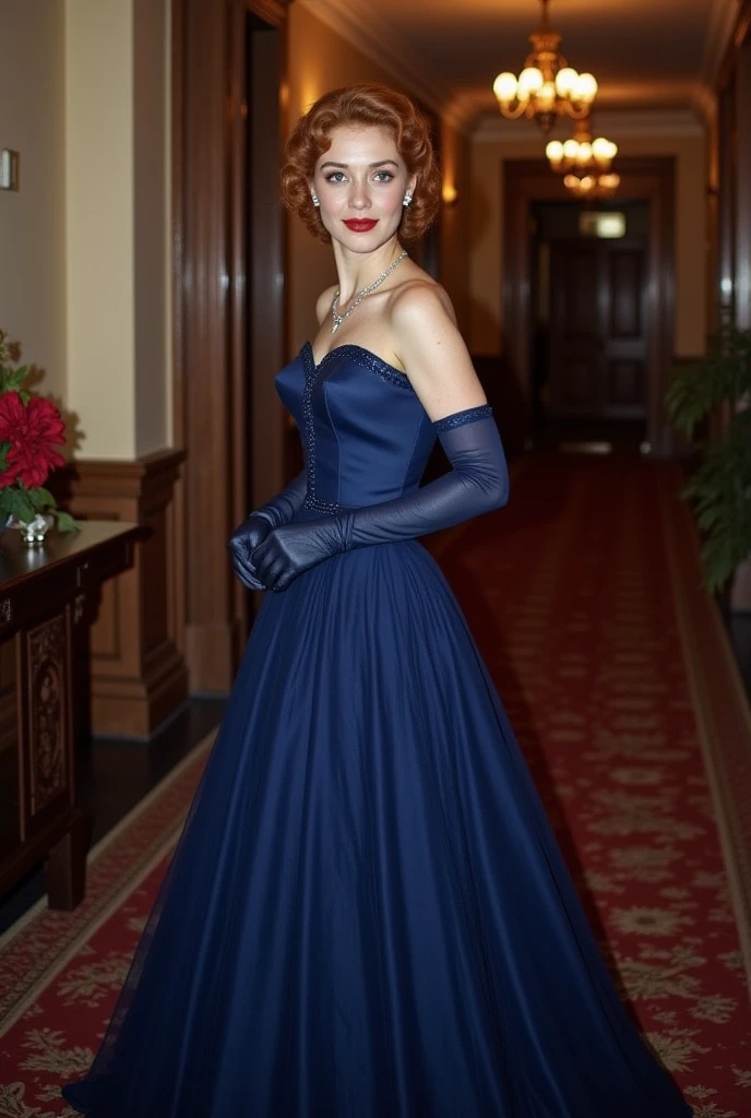 ((Masterpiece)), ((Best Quality)), A middle-aged short-hair woman, ((She is wearing an ornamental indigo color satin wedding dress)), She is wearing gloves on her hands., outdoor, 