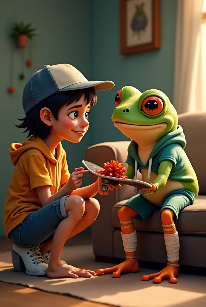 A young man in the corner of a room with a smooth dark green wall and a brown floor with carpet, with no objects. He wears short and modern clothes. Around the person, there are four frogs: a green frog further away, two black frogs, and a green frog. The composition creates an ethereal and surreal atmosphere.