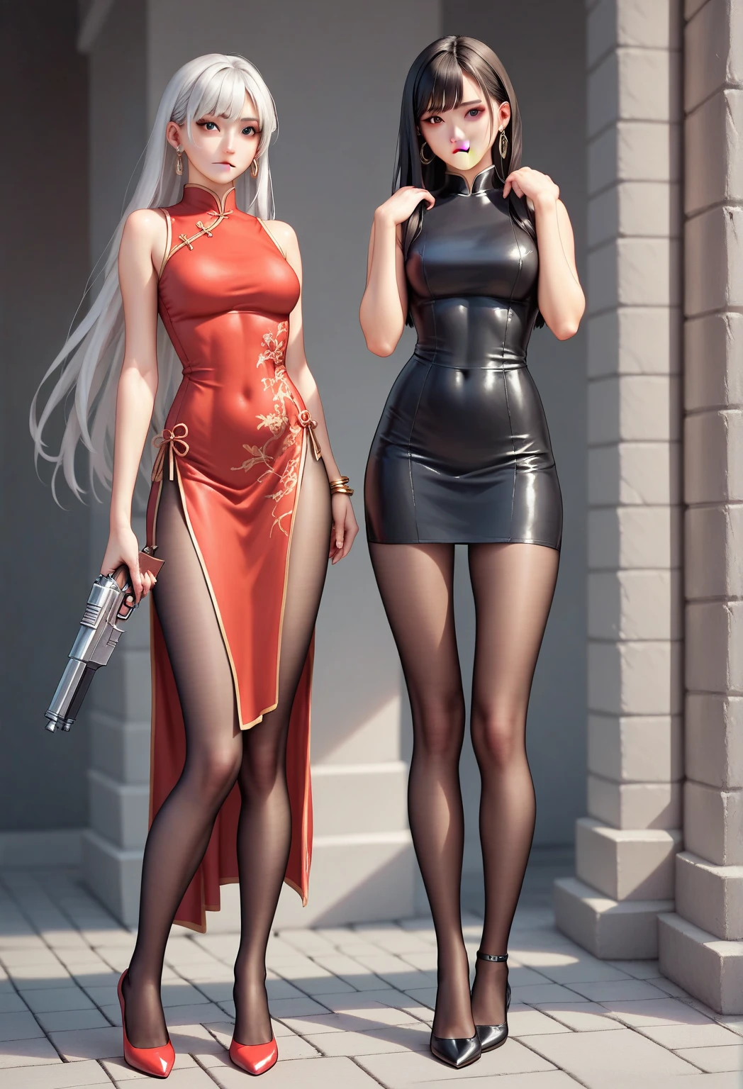 (masterpiece:1.3),(best quality, highest quality),((Full Body Shot,Including face)),1girl,Standing position,4K,masterpiece,((Focus on the face)),((Symmetrical facial features)),Beautiful woman,(slender,Beautiful feet),((Thigh-high boots)),Detailed depiction of the face,bar counter,Cafe,Realistic,,Eyes warp,Red and gold long dress,Chinese clothing,night,Spotlight,Short slit,