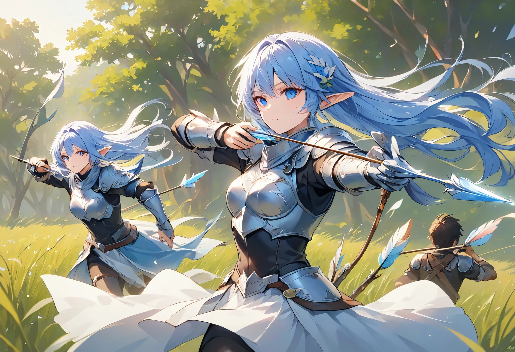 hunter、Shoot through with a bow、Bow and Arrow、hunting、Running through the prairie、Elf、blue hair、hair that flutters in the wind、Light Armor