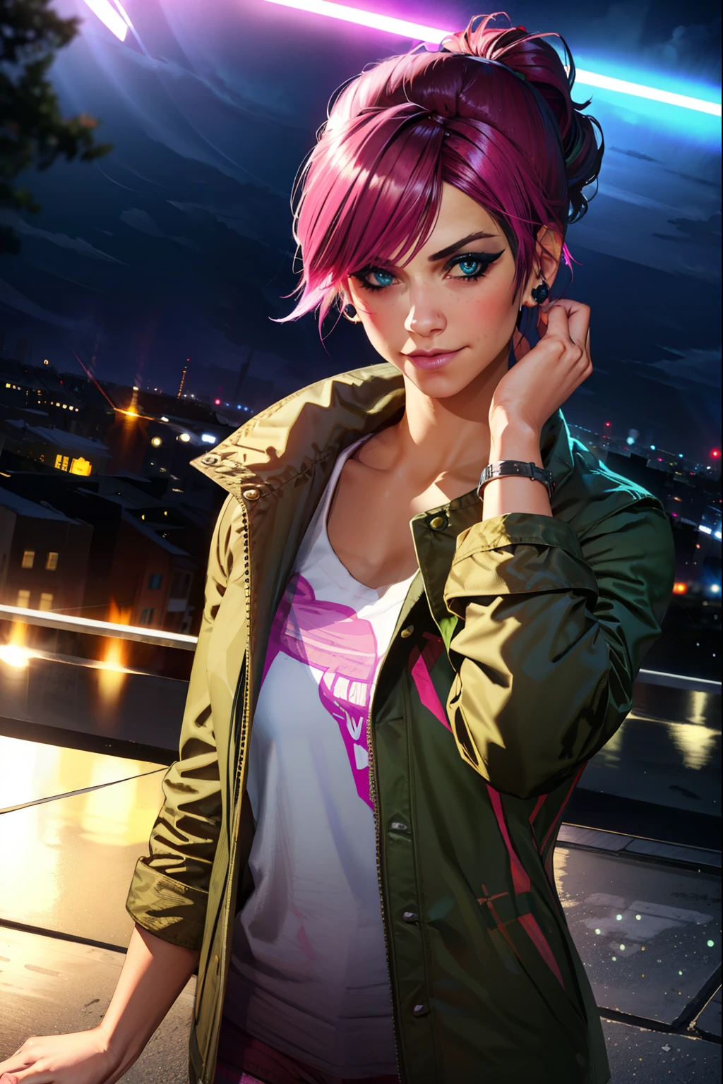(extremely detailed CG unity 4k wallpaper),(best illustration),(best shadow),(absurdres), (simple night background), fetchxl, multicolored hair,pink hair, blue eyes, green jacket,white shirt with logo,shorts,earrings,jeans, standing,upper body, city rooftop,neon lights,night, Neutral expression, looking at viewer, nose ring, small smile, shy,