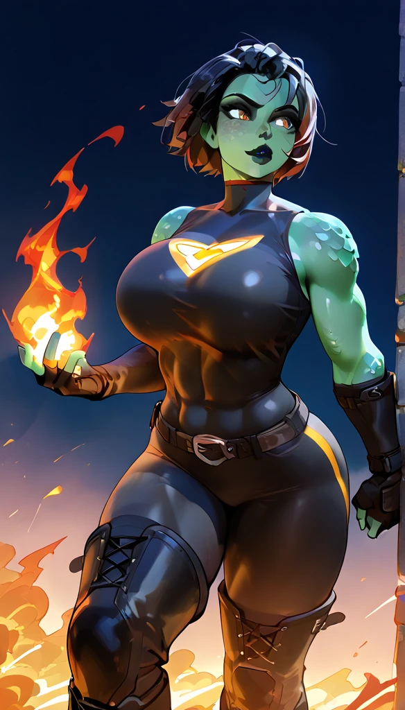 (Close view), green haired woman, long curvy hair, light brown skinned, evil smirk, (black lipstick), ((massive muscles)), (hyper muscle), ((ginormous bulky muscles)), ((glowing orange eyes)), (black leather turtleneck top), (black hooded cloak), ((black leather pants)), (in front of fire wall), (Hot and burning universe:1.3)