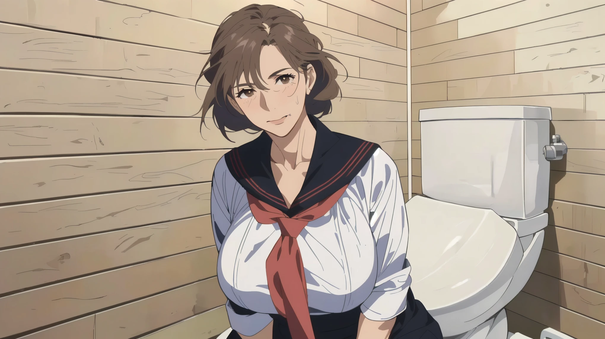 best quality, mature mom, Quiet mature Mom , ((( Small Wrinkles Around His Eyes and Mouth :1.1)))、detailed face, brown hair, Mesh Bang Hairstyle, brown eyes, Big Breasts, shy and embarrassed mature mom, (mature mom in tight and white sailor suit:1.3) ,(red scarf with black nose:1.4)、 there is toilet with wood walls ,(Simple Western-style whight toilet.Move to the right edge of the screen:1.2), realistic high school mature mom , Female protagonist 👀 :8, Bewitching Anime mature mom , Makoto Shinkai ( Apex Legends ), Fine details, a hyper realistic high school mature mom , charming anime mature mom
