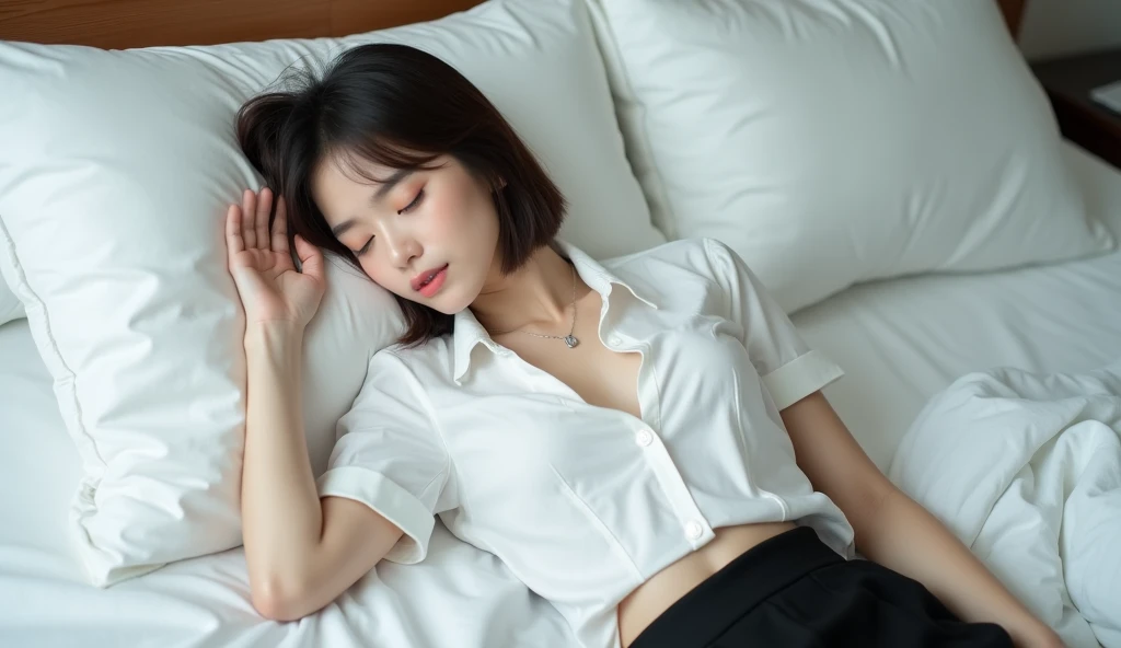 (8k, RAW photos, best quality, masterpiece, : 1.2), (realistic, photorealistic: 1.37), (1 girl, solo: 1.3), office lady 24 years old Japan girl, office lady, black hair, (disheveled hair, unkempt hair: 1.3), labor, hard work, social work, overwork, exhaustion, bed, from above, (lying on the bed, sleeping on the bed, Legs spread, sleeping, eyes closed, mouth open: 1.5), sad expression of despair, bedroom, (dark room, night, indirect lighting: 1.3), small bust, wearing glasses, (office lady, shirt, skirt, pantyhose: 1.4), (disheveled clothing: 1.4), sloppy posture, (littered with garbage, garbage bags, messy room, messy clothes, Empty cans lying on the floor, bottles of liquor lying on the floor, half-eaten sweets on the floor: 1.3), spilled potato chips, energy drinks, ultra-high resolution, physically based rendering, cinematic lighting, dynamic angles