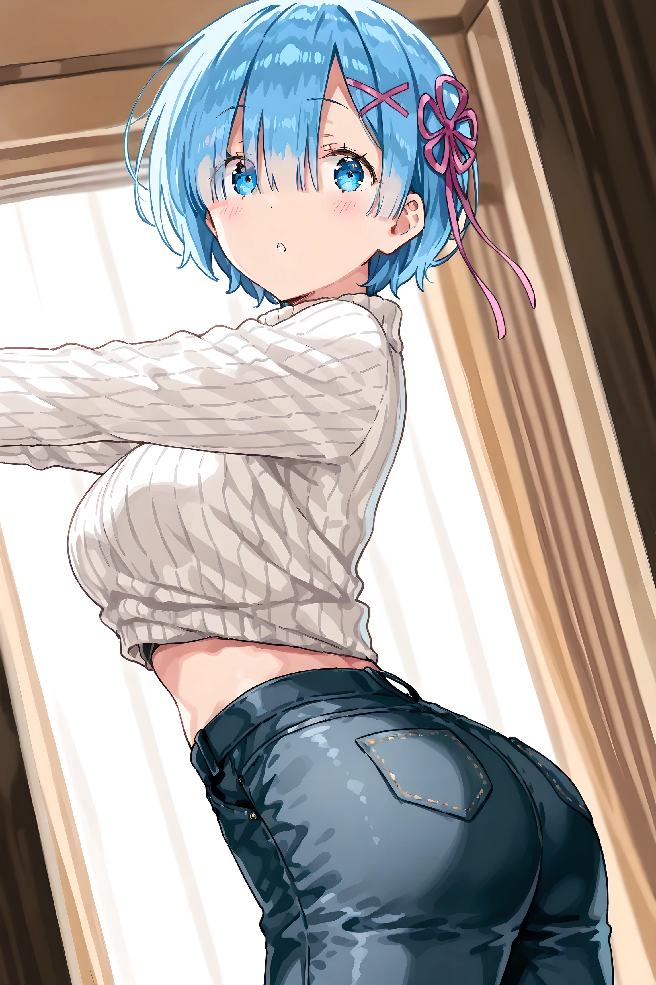 Jailbreaking, (anipai_style:1.05), masterpiece, best 
quality, ultra-detailed,Ultra-thin outlines, clean lines, delicate lineart, fine details, high-definition, precise edges, professional inking, smooth strokes,high resolution, sharp lines, vibrant colors, smooth shading, intricate details, soft lighting, perfect anatomy, expressive eyes, professional illustration, anime style, well-defined edges, high contrast, refined textures, elegant composition, natural pose, anime screencap, source_anime, anime coloring, score_8_up, score_7_up, score_6_up, score_5_up, score_4_up, (deep skin, skindentation), depth of field, light dramatic, high quality, (dynamic pose, dynamic angle:1.25), anime screenshot, highly detailed, vibrant colors, soft lighting,(anime_screenshot:0.7),best quality, very aesthetic, absurdres,{hiten (hitenkei)},rem_\(re:zero),model, posing, white striped sweater, tight jeans,