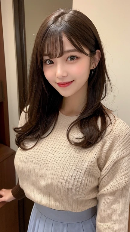 table top, highest quality, Super detailed, finely, High resolution, In 8K, wearing knitwear, beautiful and detailed eyes, Clothes with body lines, big breasts, natural color lip, News Studio, Female Announcer, news caster, facing forward