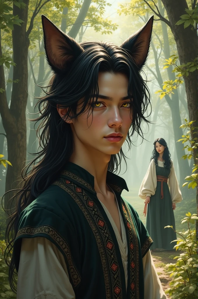 A young man with long black hair, yellow eyes and black cat ears ...