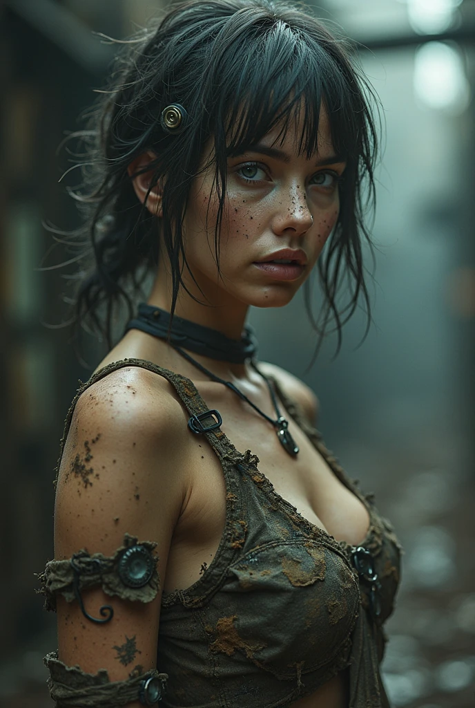 Pale woman wearing shredded grunge shirt, dark messy hair, staring at viewer, perfect quality, sharp focus, shallow depth of field, 8k, flash photography, dread in eyes