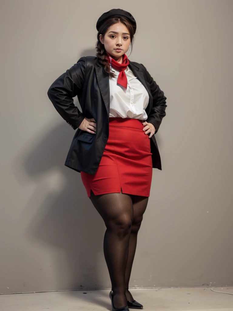 Masterpiece,Best quality, (maam. clerk:1), ((Portrait:1.3)), Cross arms, Smile,Red professional attire,Long legs,skin hyper-detail,Clear pores,in a panoramic view,Cocked buttocks,black lence stockings,Beautiful young Japanese woman over 40 years old, Perfect face, Fantastic look, (Detailed facial features), Clean and nice face