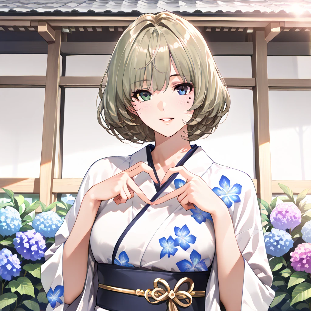 Realistic, real person, RAW photo, photorealistic, portrait photography, shiny skin, japanese idol、Brown Hair、Bob cut hair with bangs、Blue eyes, Droopy eyes、(60 year old grandmother:2)、Wearing a white blouse、smile, Alone、The background is the living room、Are standing
