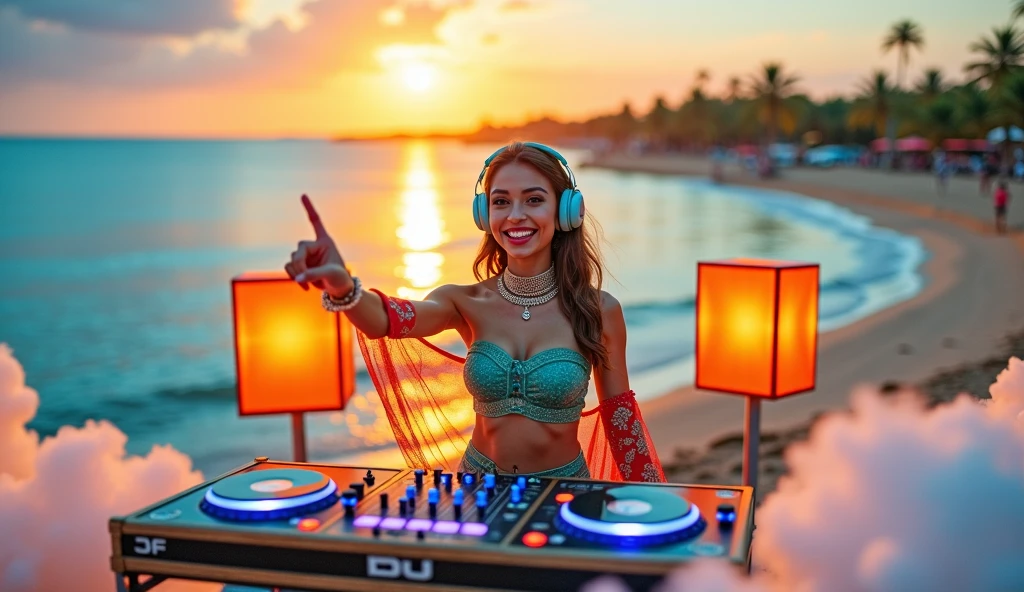  Female Indian DJ, canadian flag color clothes, Peculiar, Vibrant appearance, Have big breasts, Playful accessories, creative, Imaginative, Sensual, Voluntary, DJ headphones, Mixing Console, Music Clubs, on the beach with in the background a live audience., Skin Texture, Intricate details, (Cinema Lighting), Photo RAW, 8K